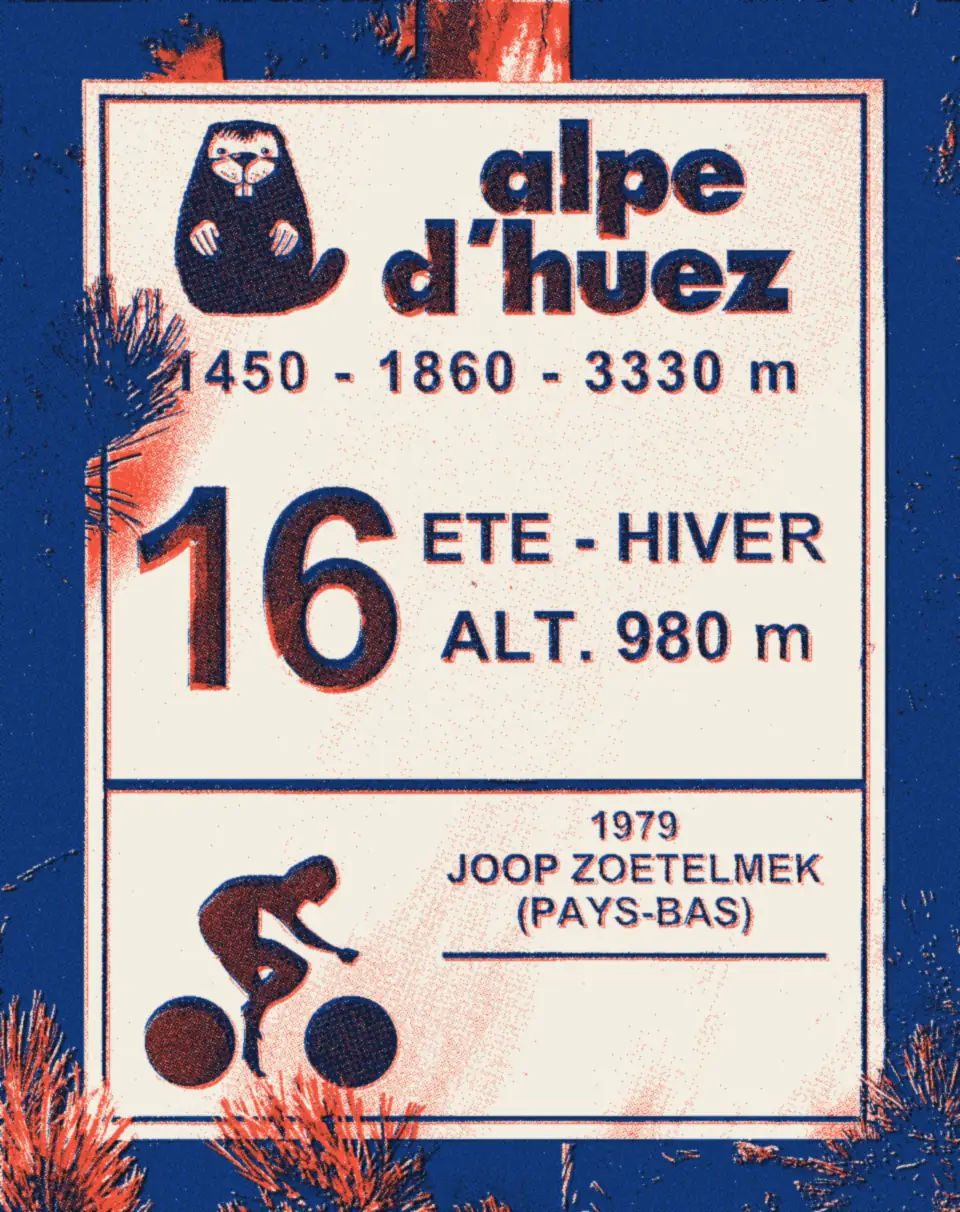 Le panneau du virage n° 16 dans la montée de l'Alpe d'Huez.