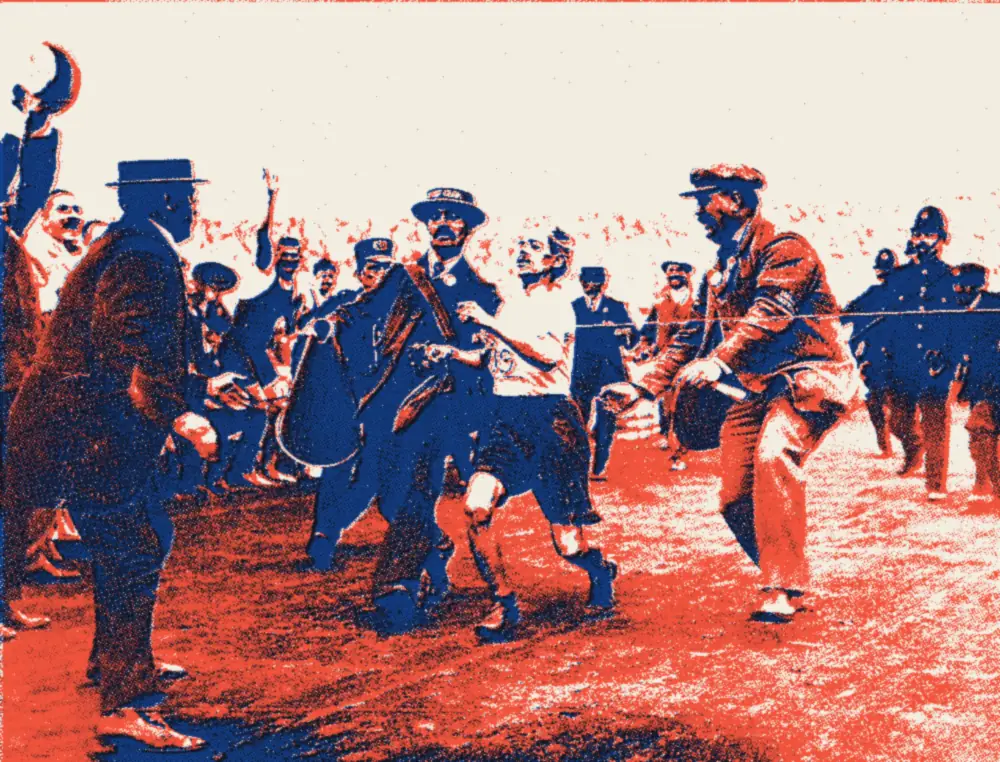 Pietri soutenu par les officiels à l'arrivée du marathon olympique, Londres, 1908