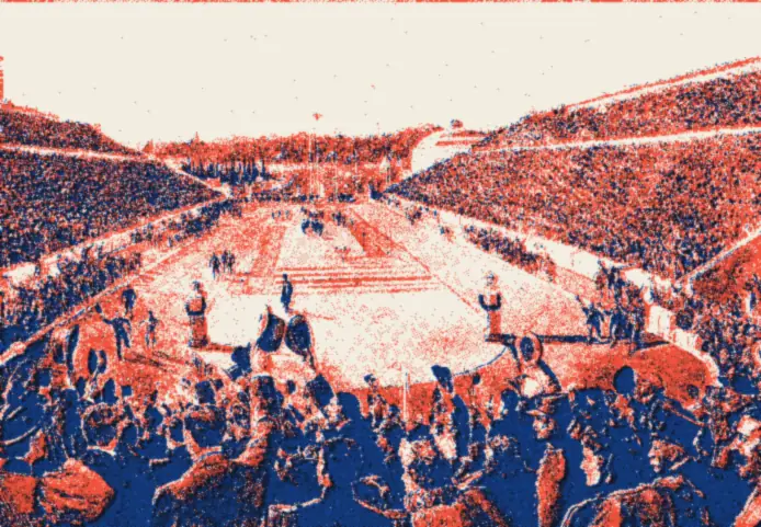 Louis entre dans le stade panathénaïque à la fin du marathon, 10 avril 1896